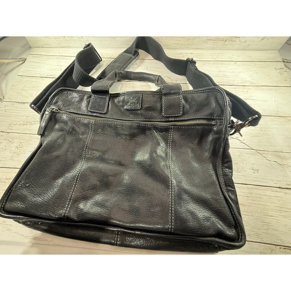 Black Leather Messenger Bag Laptop Briefcase Contrast Stitching Mens